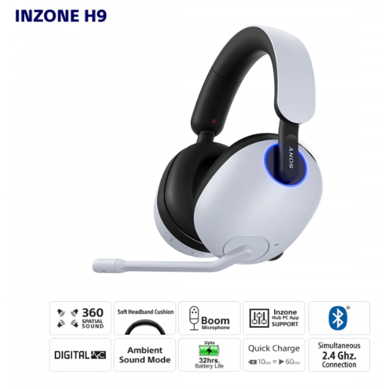 Sony INZONE H9, WH-G900N Wireless Noise Cancelling Gaming Headset, Over-Ear Headphones with 360 Spatial Sound, 32 Hours Battery Life, flip to Mute mic, Mobile, Laptop, PS5 & PC Compatible (White)